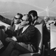 Soviet party chairman Leonid Brezhnev (left, pointing), West German Chancellor Willy Brandt (center), and West German State Secretary Egon Bahr (right) on a boat off the coast of Crimea in September 1971.